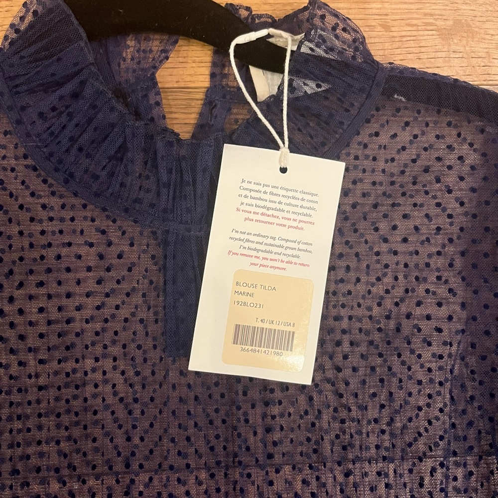 Sézane Navy Sheer Polka Dot Ruffle Blouse - Picture 5 of 8